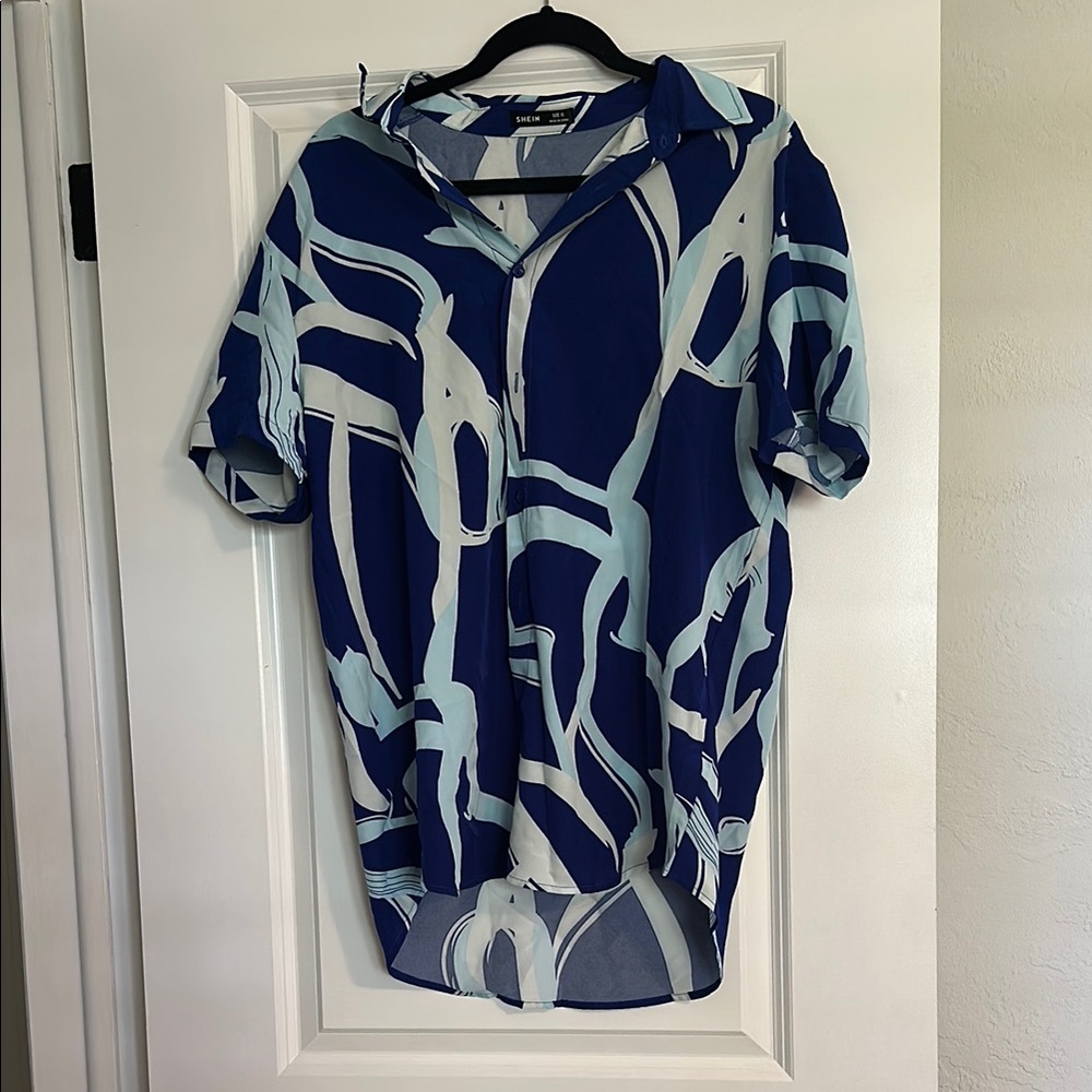 SHEIN Blue and White Patterned Blouse